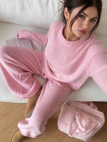 Autumina 2pcs Women Casual Loose Fit Drop Shoulder Long Sleeve Sweater And Knit Pants Set, Autumn Lounge Soft Pink - Pink - View 1