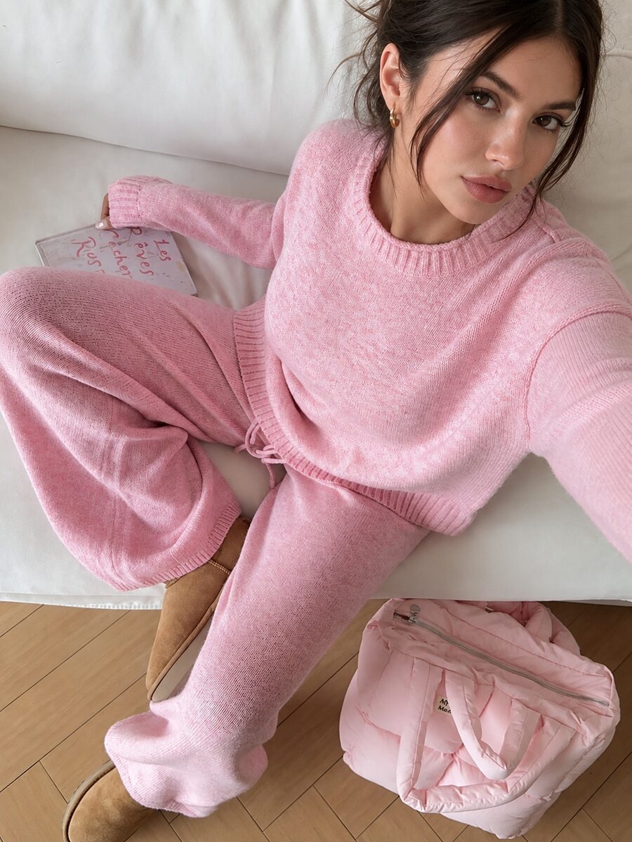 Autumina 2pcs Women Casual Loose Fit Drop Shoulder Long Sleeve Sweater And Knit Pants Set, Autumn Lounge Soft Pink - Pink - View 1