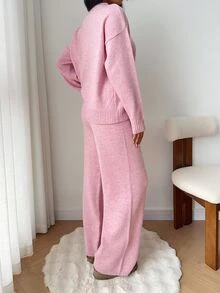 Autumina 2pcs Women Casual Loose Fit Drop Shoulder Long Sleeve Sweater And Knit Pants Set, Autumn Lounge Soft Pink - Pink - View 2