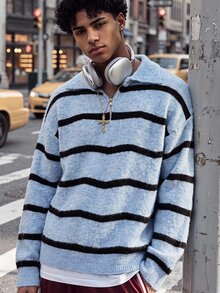 NEOSTRIT Men's Half-Zip Collar Contrast Color Striped Pattern Fashion Sweater - Blue - View 6