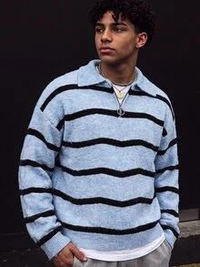 NEOSTRIT Men's Half-Zip Collar Contrast Color Striped Pattern Fashion Sweater - Blue - View 3