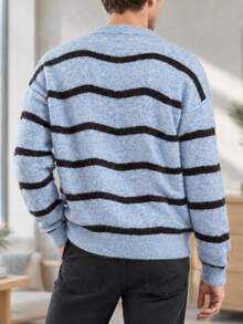 NEOSTRIT Men's Half-Zip Collar Contrast Color Striped Pattern Fashion Sweater - Blue - View 2