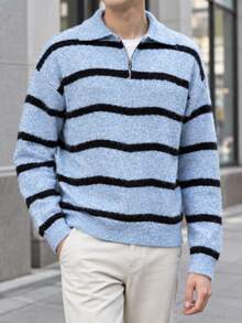 NEOSTRIT Men's Half-Zip Collar Contrast Color Striped Pattern Fashion Sweater - Blue - View 7