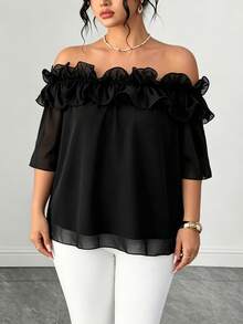 Elenzga Elegant Lady Ruffled Off-Shoulder Chiffon Blouse, Plus Size Women Casual Top For Spring/Summer, Vacation & Beach - Black - View 5