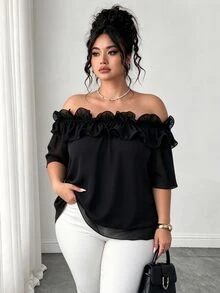 Elenzga Elegant Lady Ruffled Off-Shoulder Chiffon Blouse, Plus Size Women Casual Top For Spring/Summer, Vacation & Beach - Black - View 1