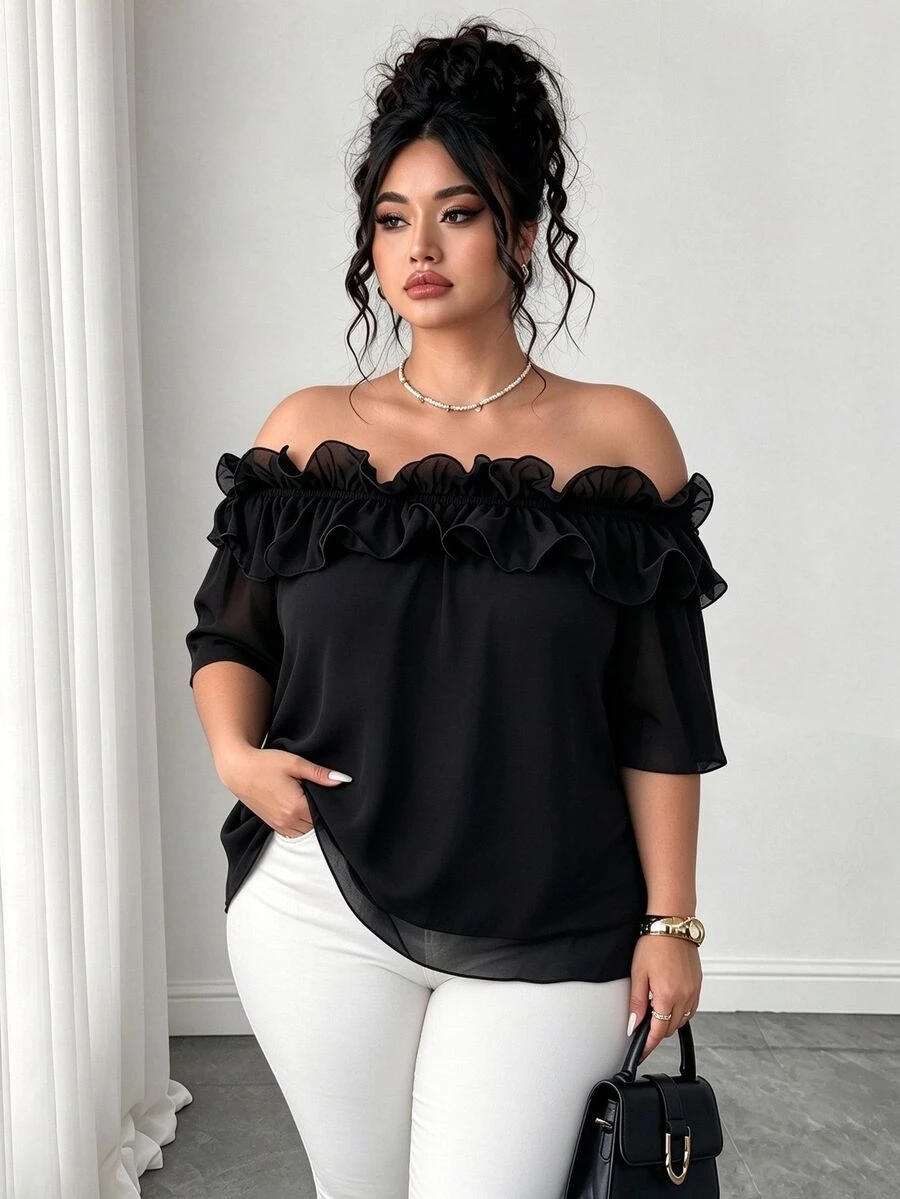 Elenzga Elegant Lady Ruffled Off-Shoulder Chiffon Blouse, Plus Size Women Casual Top For Spring/Summer, Vacation & Beach - Black - View 1