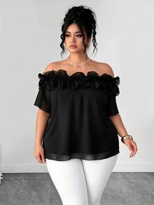 Elenzga Elegant Lady Ruffled Off-Shoulder Chiffon Blouse, Plus Size Women Casual Top For Spring/Summer, Vacation & Beach - Black - View 3
