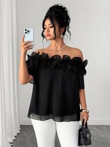 Elenzga Elegant Lady Ruffled Off-Shoulder Chiffon Blouse, Plus Size Women Casual Top For Spring/Summer, Vacation & Beach - Black - View 6
