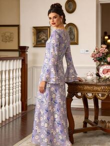 Al Najma Women's Elegant V-Neck Ruffle Sleeve Full Skirt Light Pink Floral Print Dress, Polyester Material, Suitable For Outings Formal Morning Winter - Purple - View 3