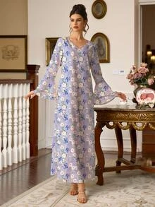 Al Najma Women's Elegant V-Neck Ruffle Sleeve Full Skirt Light Pink Floral Print Dress, Polyester Material, Suitable For Outings Formal Morning Winter - Purple - View 5