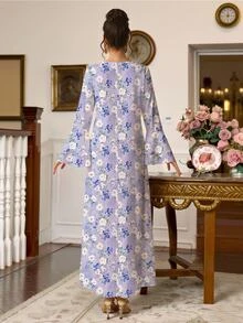 Al Najma Women's Elegant V-Neck Ruffle Sleeve Full Skirt Light Pink Floral Print Dress, Polyester Material, Suitable For Outings Formal Morning Winter - Purple - View 2