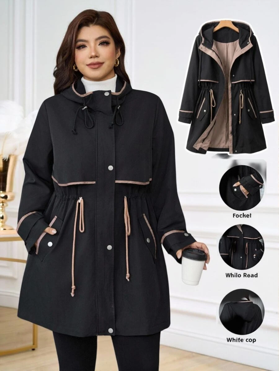 Reflora Plus Size Women's Colorblock Hooded Holiday Going Out Formal Vacation Casual Baggy Elegant Jacket Autumn Hiking Rodeo Fall Black