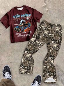 Tween Boy 2-Piece Set:Burgundy Autumn Streetwear Vacation Y2K Graphic Racing Tee And Camo Flare Sweatpants Retro Casual Kids Outfits Clothing Set - White - View 5