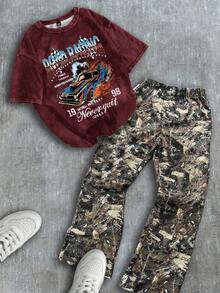 Tween Boy 2-Piece Set:Burgundy Autumn Streetwear Vacation Y2K Graphic Racing Tee And Camo Flare Sweatpants Retro Casual Kids Outfits Clothing Set - White - View 1