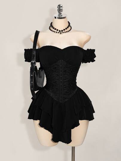 SHEIN ICON Women's Black Summer Goth Club Jacquard Waist Tie Ruffle Trim Off Shoulder Layered Hem A-Line Chiffon Mini Dress,Elegant For Party & Casual Dresses