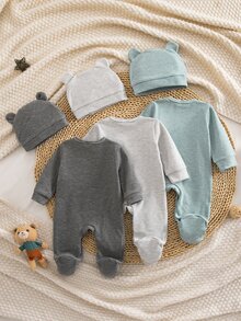 SHEIN Blind Box 3-Piece Set Autumn/Winter Composite Fleece Striped Print Bear Embroidery Pattern Long Sleeve Jumpsuit With Footed Pants And Hat 2 Pieces Combination Hot-Selling Style Comfortable Soft Fabric Pajamas Loungewear - Grey - View 3
