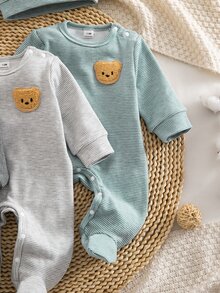 SHEIN Blind Box 3-Piece Set Autumn/Winter Composite Fleece Striped Print Bear Embroidery Pattern Long Sleeve Jumpsuit With Footed Pants And Hat 2 Pieces Combination Hot-Selling Style Comfortable Soft Fabric Pajamas Loungewear - Grey - View 4