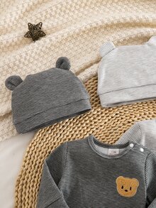 SHEIN Blind Box 3-Piece Set Autumn/Winter Composite Fleece Striped Print Bear Embroidery Pattern Long Sleeve Jumpsuit With Footed Pants And Hat 2 Pieces Combination Hot-Selling Style Comfortable Soft Fabric Pajamas Loungewear - Grey - View 8