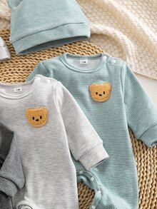 SHEIN Blind Box 3-Piece Set Autumn/Winter Composite Fleece Striped Print Bear Embroidery Pattern Long Sleeve Jumpsuit With Footed Pants And Hat 2 Pieces Combination Hot-Selling Style Comfortable Soft Fabric Pajamas Loungewear - Grey - View 10
