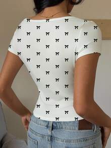 SHEIN EZwear 休閒極簡復古蝴蝶結印花大圓領帽袖黑色修身女款T恤，適合夏季套頭穿著 - 彩色 - 查看 6