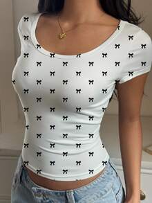 SHEIN EZwear 休閒極簡復古蝴蝶結印花大圓領帽袖黑色修身女款T恤，適合夏季套頭穿著 - 彩色 - 查看 3