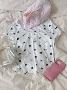 SHEIN EZwear 休閒極簡復古蝴蝶結印花大圓領帽袖黑色修身女款T恤，適合夏季套頭穿著 - 彩色 - 查看 7