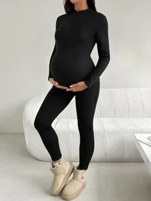 SHEIN Maternity Solid Color Casual Daily Wear Jumpsuit - Black - View 4
