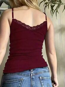 SHEIN 女士休闲百搭纯色蕾丝边吊带背心 - 酒紅色 - 查看 3