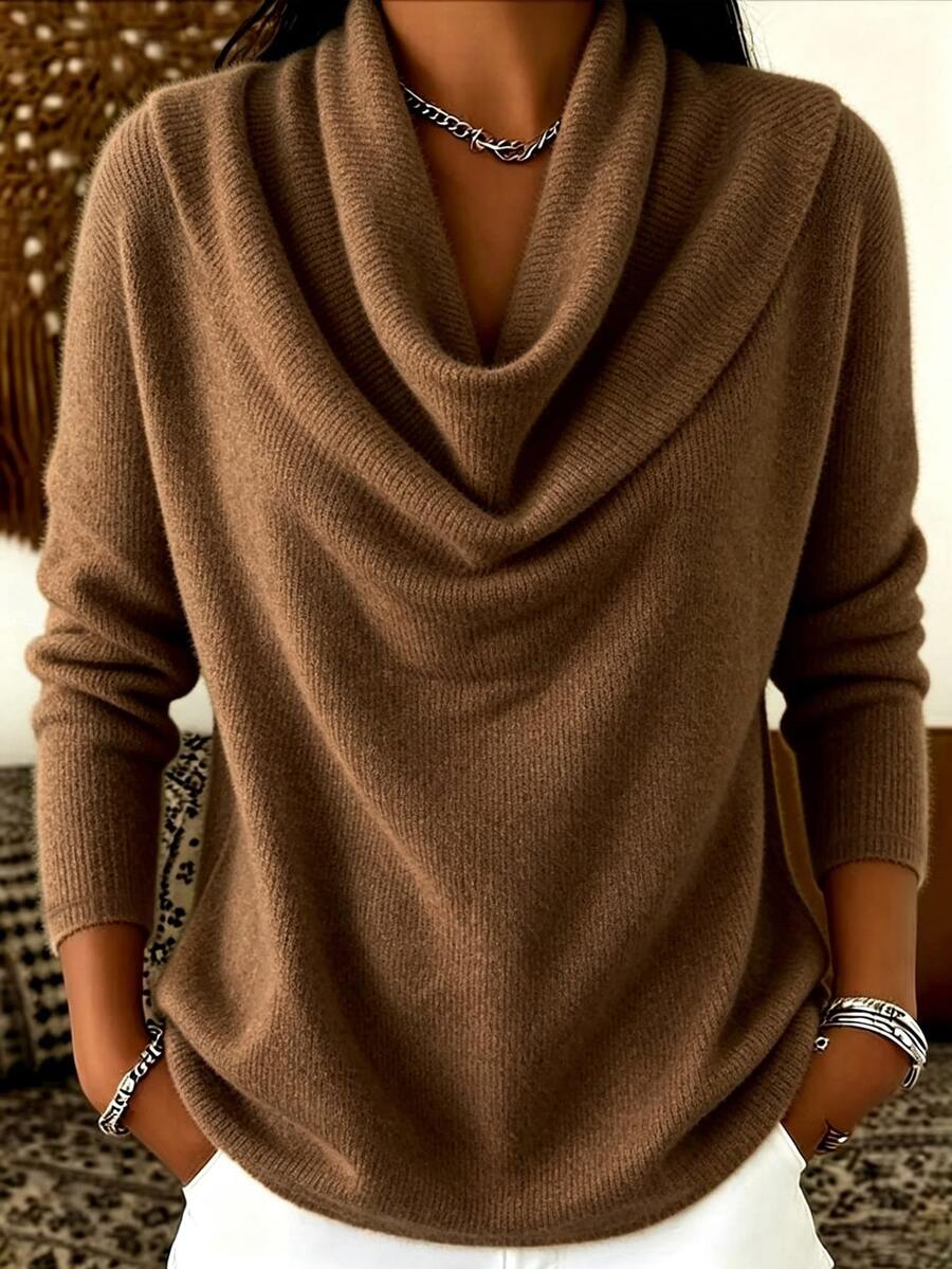 Trelyra Women's Solid Color Cowl Neck Long Sleeve Casual Top - Brown - View 1