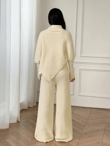 SHEIN PETITE 女款秋季/度假時尚百搭兩件套，高領純色不對稱蝙蝠袖上衣與長褲，小碼白色休閒款 - 杏色 - 查看 2
