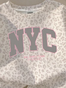 女嬰灰色調時尚豹紋運動風拼色 NYC 字母圖案圓領寬鬆舒適套頭衛衣與慢跑褲 2 件套，適合秋冬日常、運動、外出、開學季、音樂節，美式街頭甜酷慵懶休閒風，度假時尚 - 彩色 - 查看 5