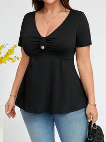 Elenzga Plus Size Women's Solid Color V-Neck Pleated Short Sleeve Casual T-Shirt, Summer - Black - View 5