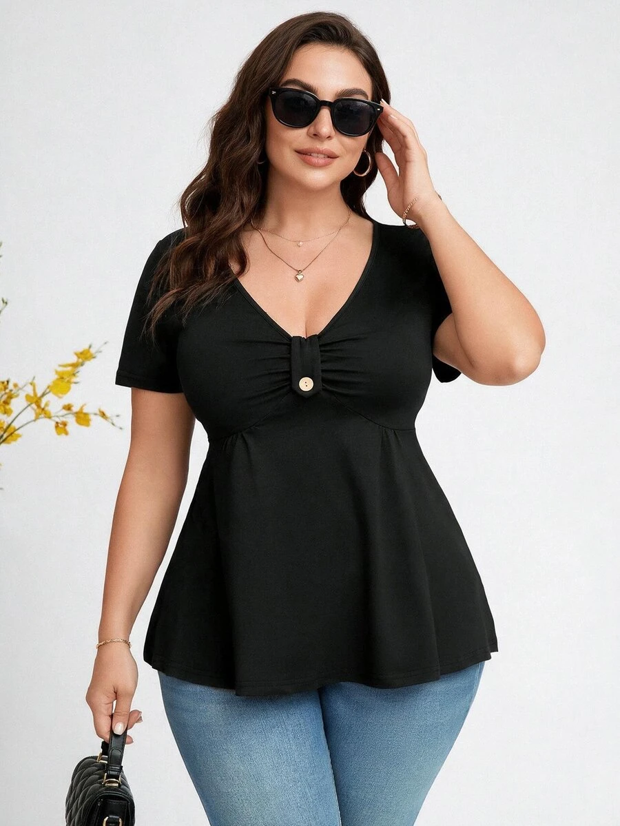 Elenzga Plus Size Women's Solid Color V-Neck Pleated Short Sleeve Casual T-Shirt, Summer - Black - View 1