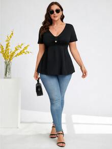 Elenzga Plus Size Women's Solid Color V-Neck Pleated Short Sleeve Casual T-Shirt, Summer - Black - View 4