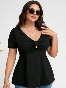 Elenzga Plus Size Women's Solid Color V-Neck Pleated Short Sleeve Casual T-Shirt, Summer - Black - View 6