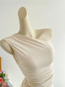 Elamini Women's Apricot Color Ruched Asymmetric Shoulder Fitted Top, Fashionable Casual Elegant Versatile, Spring/Summer - Apricot - View 6