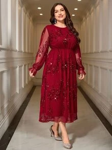 Reflora Plus Size Women Solid Color Sequin Round Neck Long Sleeve Elegant Dress Fall Christmas - Red - View 7