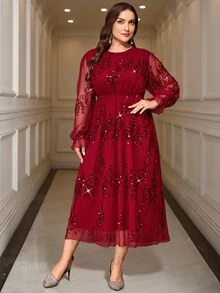 Reflora Plus Size Women Solid Color Sequin Round Neck Long Sleeve Elegant Dress Fall Christmas - Red - View 4