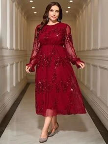 Reflora Plus Size Women Solid Color Sequin Round Neck Long Sleeve Elegant Dress Fall Christmas - Red - View 6