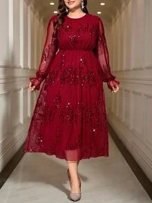 Reflora Plus Size Women Solid Color Sequin Round Neck Long Sleeve Elegant Dress Fall Christmas - Red - View 5