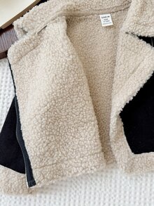 SHEIN Baby Girl Woven Patchwork Lapel Plush Casual Winter Jacket - Black - View 5