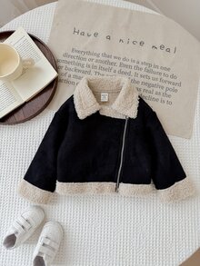 SHEIN Baby Girl Woven Patchwork Lapel Plush Casual Winter Jacket - Black - View 7