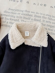 SHEIN Baby Girl Woven Patchwork Lapel Plush Casual Winter Jacket - Black - View 3