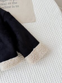 SHEIN Baby Girl Woven Patchwork Lapel Plush Casual Winter Jacket - Black - View 4