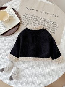 SHEIN Baby Girl Woven Patchwork Lapel Plush Casual Winter Jacket - Black - View 2