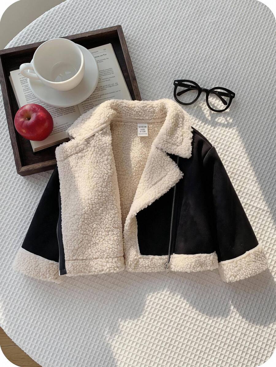SHEIN Baby Girl Woven Patchwork Lapel Plush Casual Winter Jacket - Black - View 1