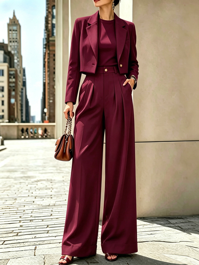 SHEIN Franclia Setelan 2 Potong Blazer Pendek & Celana Panjang Lebar Vintage Elegan Musim Gugur/Dingin Wanita, Blazer Pendek Berkerah dengan Satu Kancing Ukir, Celana Panjang Lebar Pinggang Tinggi yang Serasi dengan Lipatan Depan dan Ujung Bawah Berlipat, Pakaian Lengkap untuk Tempat Kerja, Perjamuan, Perjalanan, dan Lainnya