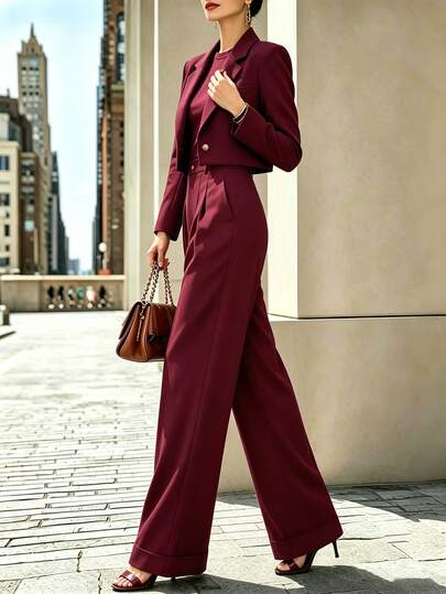 SHEIN Franclia Setelan 2 Potong Blazer Pendek & Celana Panjang Lebar Vintage Elegan Musim Gugur/Dingin Wanita, Blazer Pendek Berkerah dengan Satu Kancing Ukir, Celana Panjang Lebar Pinggang Tinggi yang Serasi dengan Lipatan Depan dan Ujung Bawah Berlipat, Pakaian Lengkap untuk Tempat Kerja, Perjamuan, Perjalanan, dan Lainnya