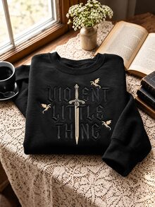 Resyla 女款時尚刺繡圓領長袖運動衫，適合日常穿著、萬聖節、白天、日常、黑色、秋季休閒街頭風 - 黑色 - 查看 3