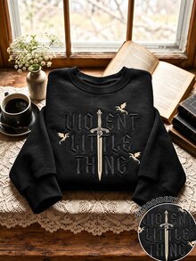 Resyla 女款時尚刺繡圓領長袖運動衫，適合日常穿著、萬聖節、白天、日常、黑色、秋季休閒街頭風 - 黑色 - 查看 1